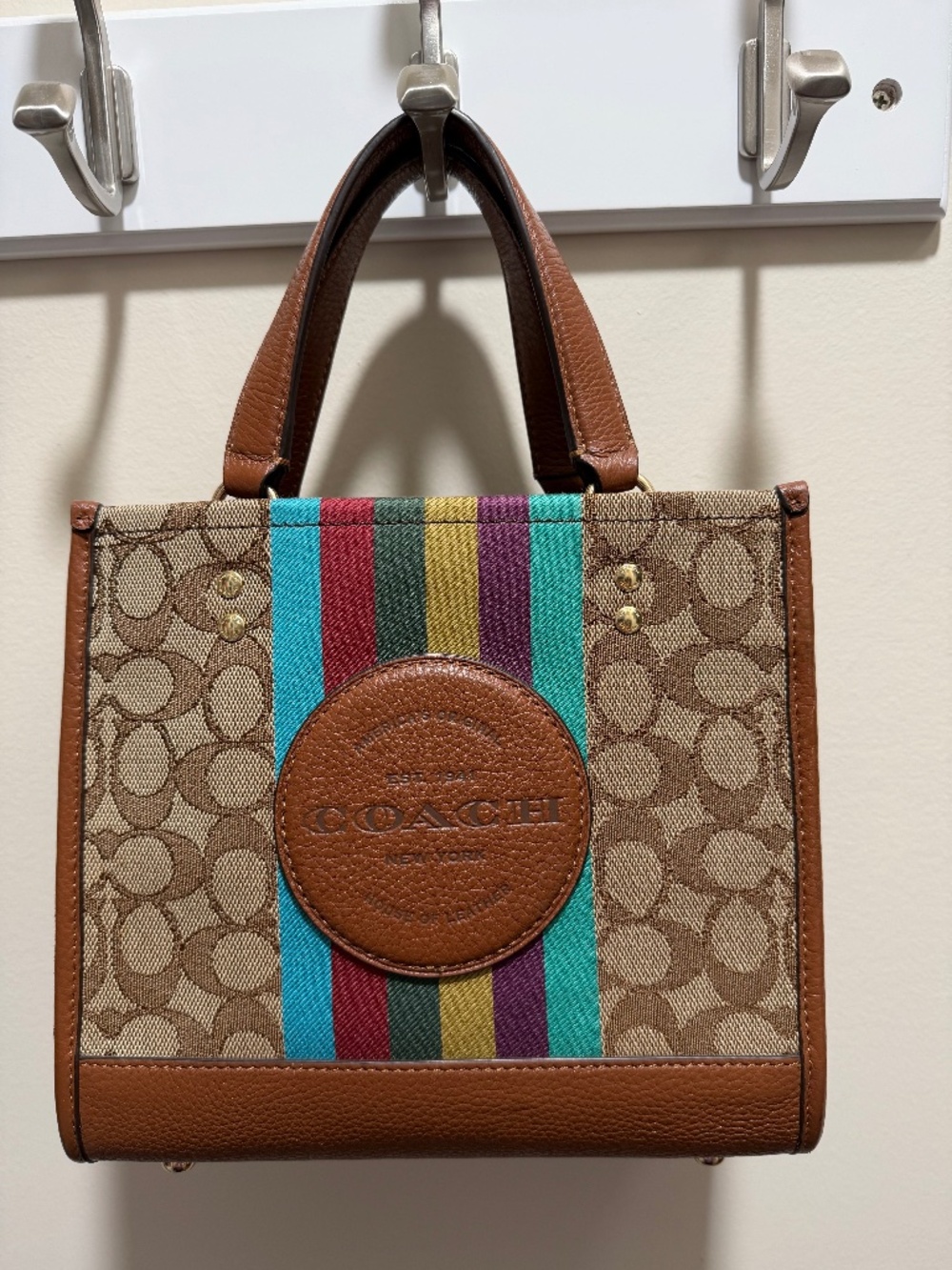 Coach Dempsey Tote 22 Signature Jacquard Rainbow Stripe Crossbody